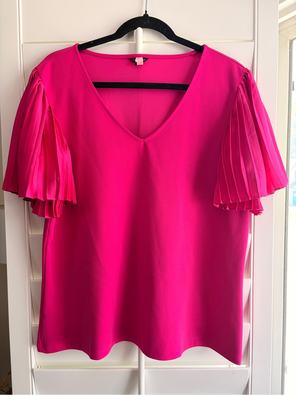 Ann Taylor Hot Pink V-Neck Pleated Flutter Sleeve Blouse